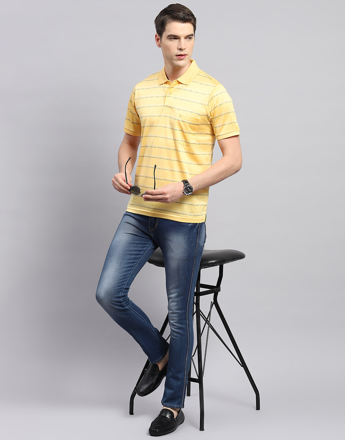 Men Yellow Stripe Polo Collar Half Sleeve T-Shirt