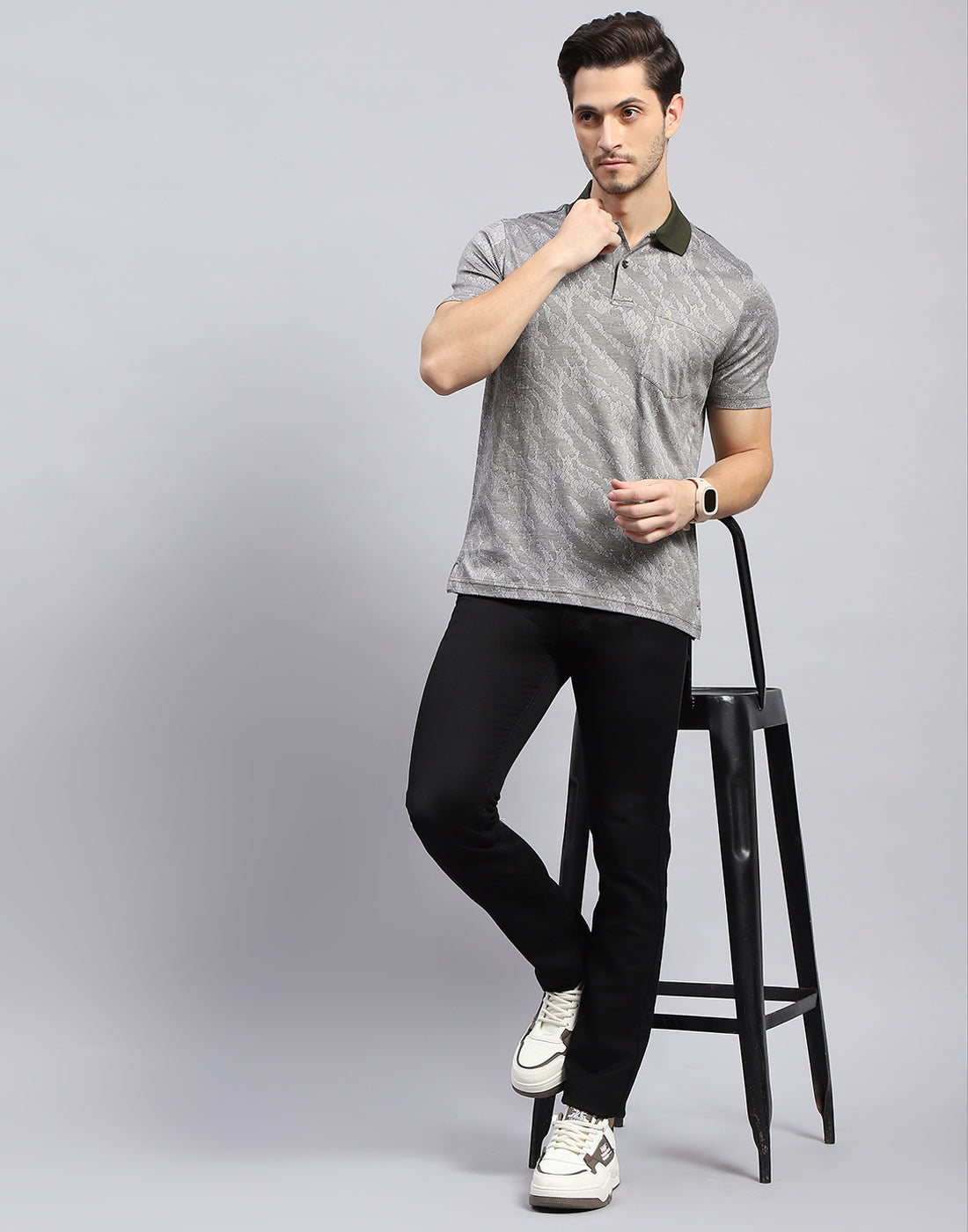 Men Black Stripe Polo Collar Half Sleeve T-Shirt