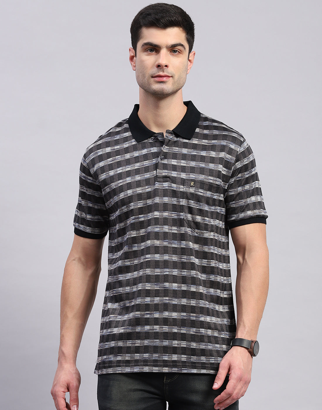 Men Black Jaquard Polo Collar Half Sleeve T-Shirt