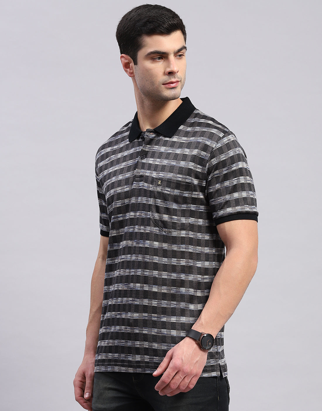 Men Black Jaquard Polo Collar Half Sleeve T-Shirt