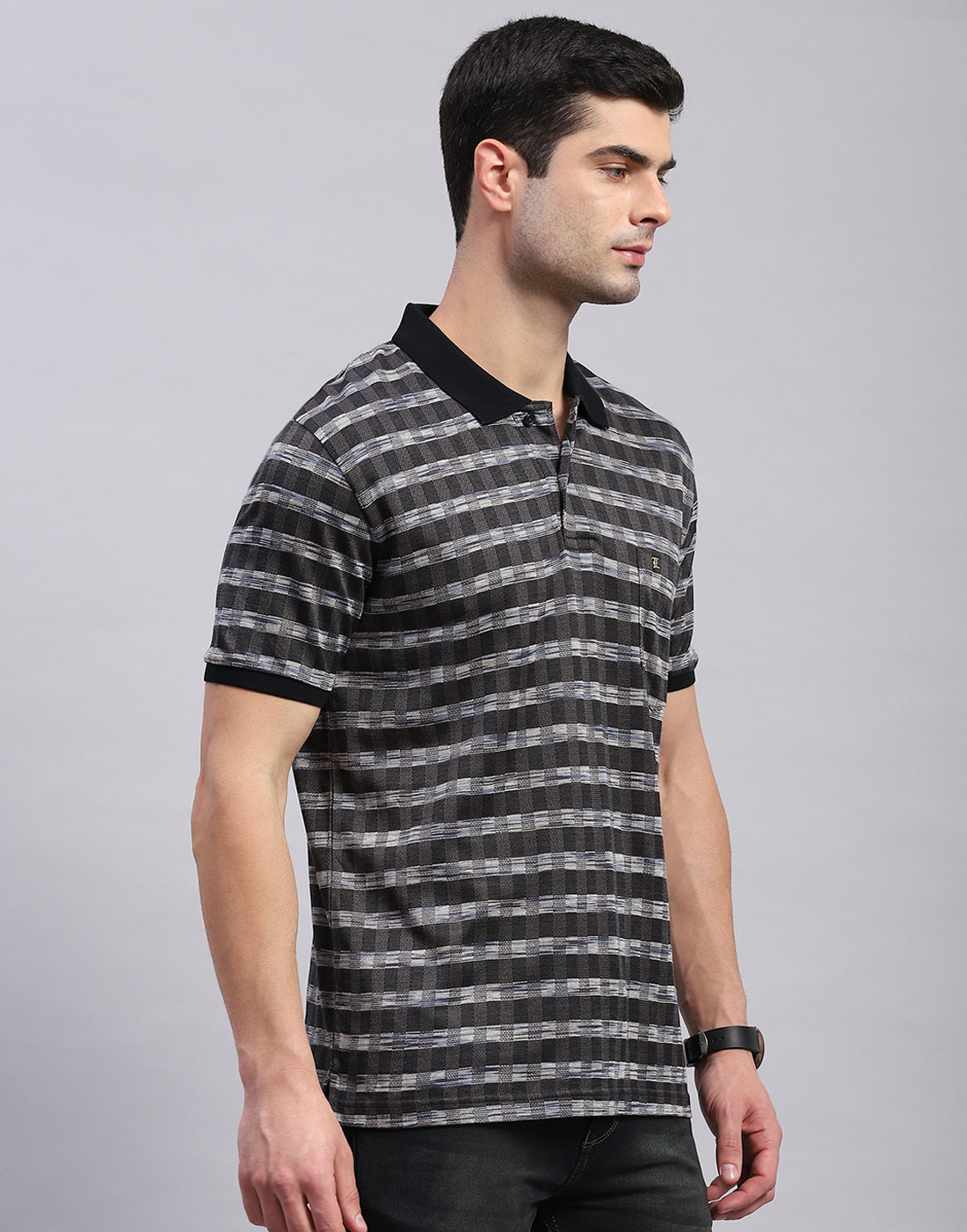 Men Black Jaquard Polo Collar Half Sleeve T-Shirt