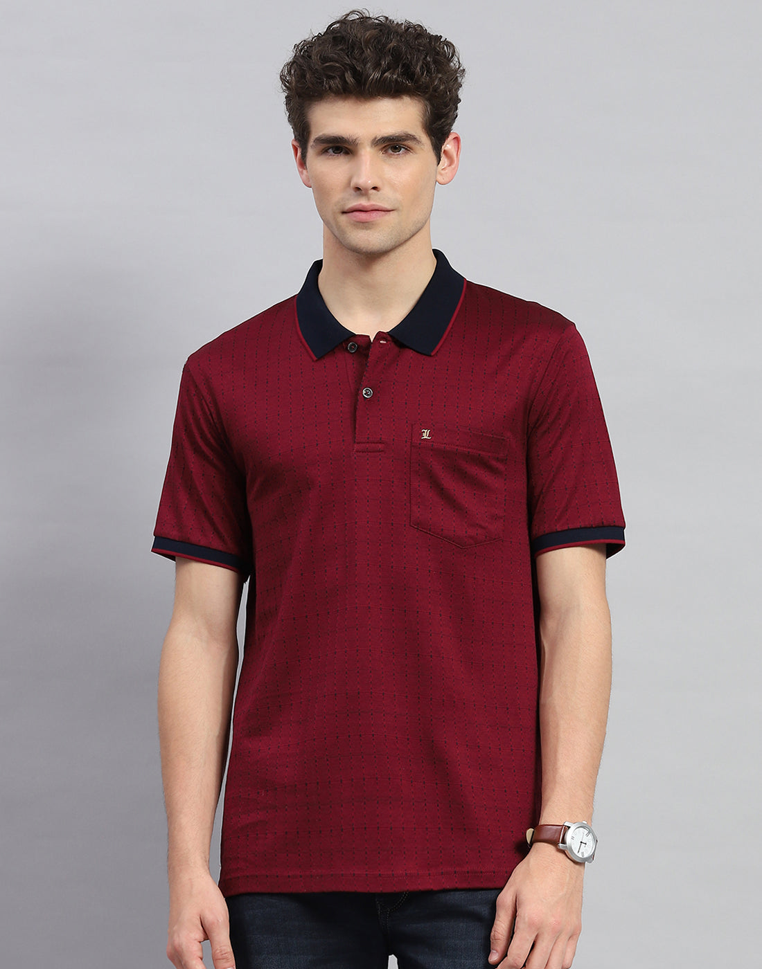 Men Maroon Stripe Polo Collar Half Sleeve T-Shirt