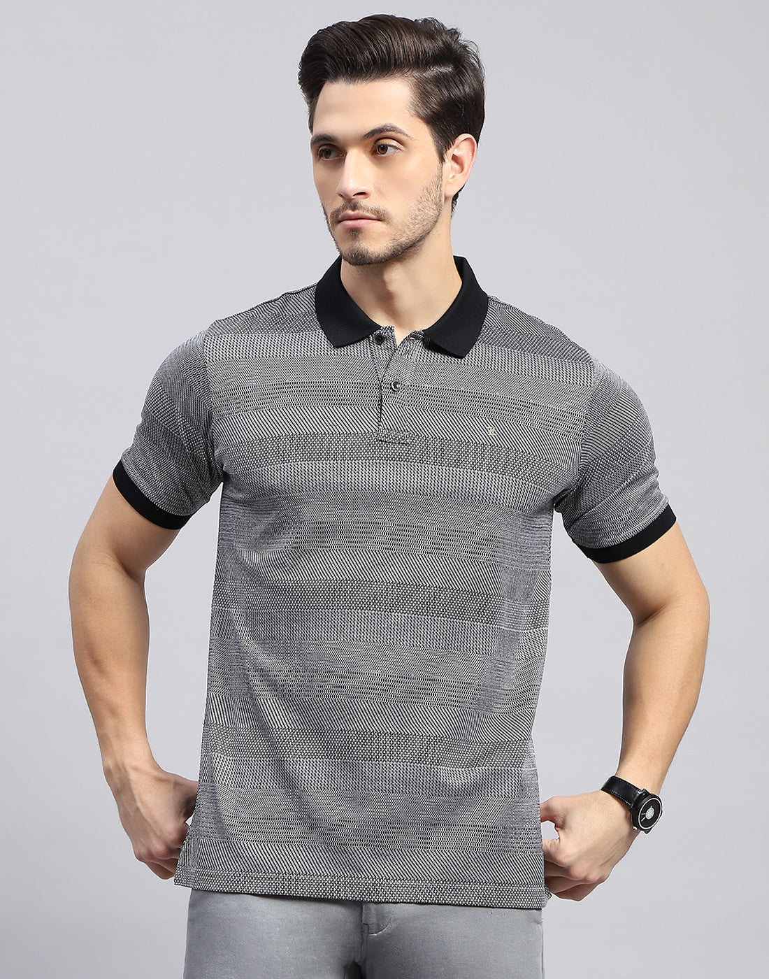 Men Black Self Design Polo Collar Half Sleeve T-Shirt