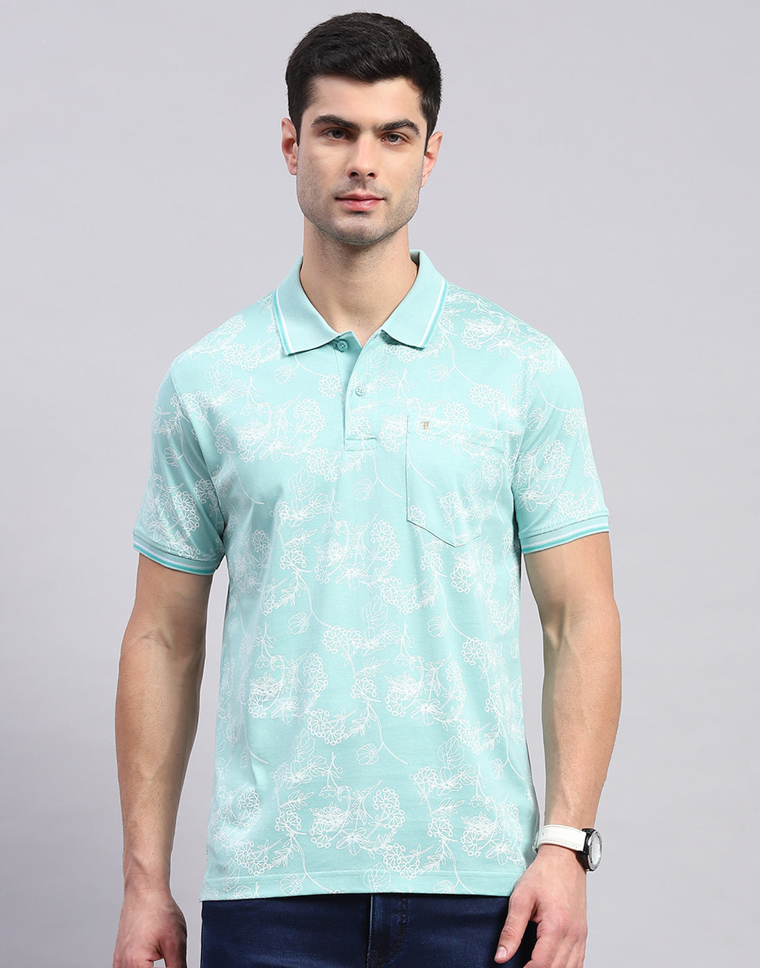 Men Turquoise Blue Jaquard Polo Collar Half Sleeve T-Shirt