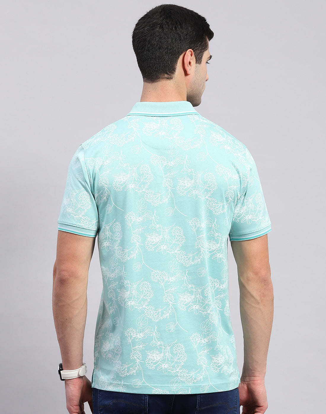 Men Turquoise Blue Jaquard Polo Collar Half Sleeve T-Shirt