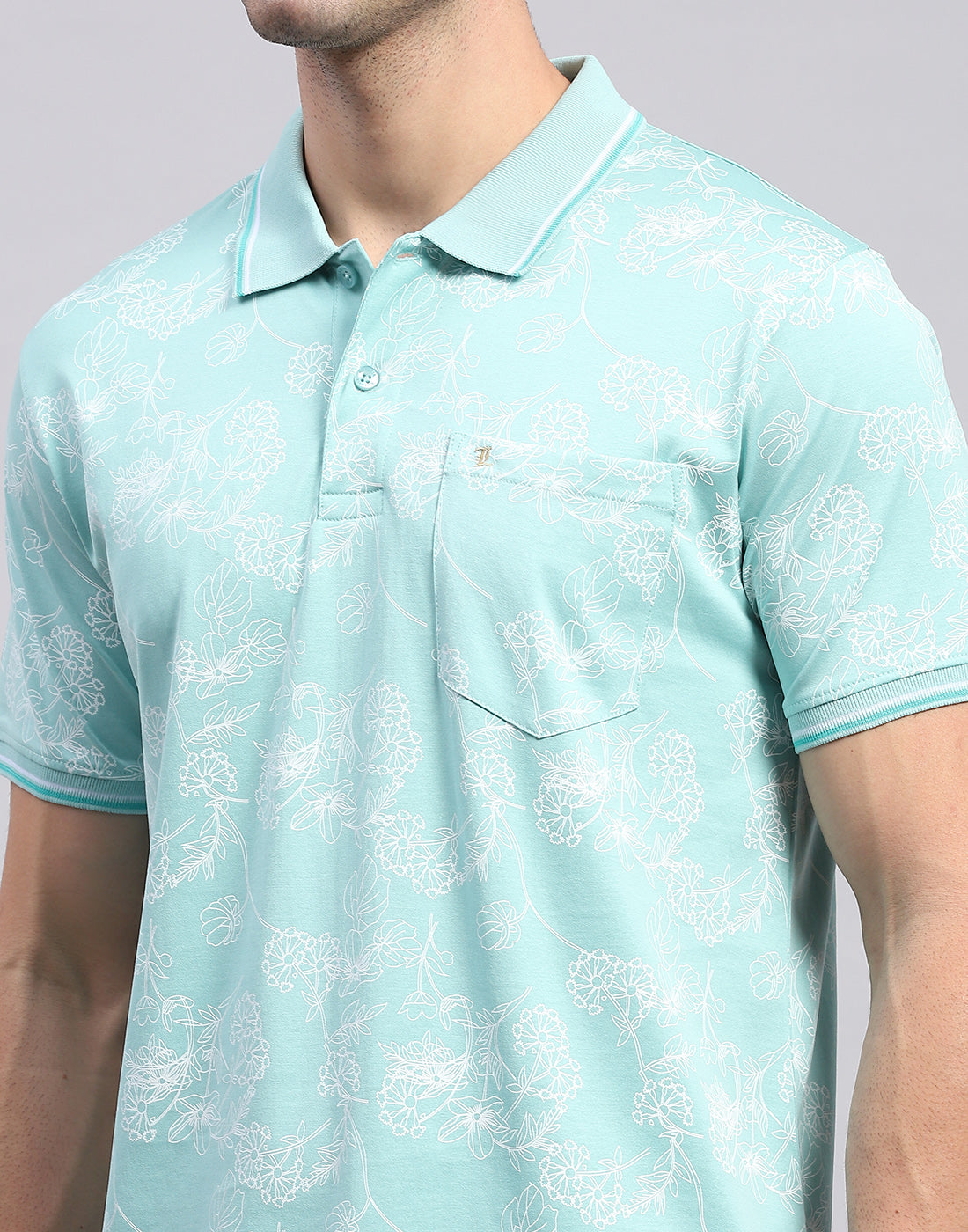 Men Turquoise Blue Jaquard Polo Collar Half Sleeve T-Shirt