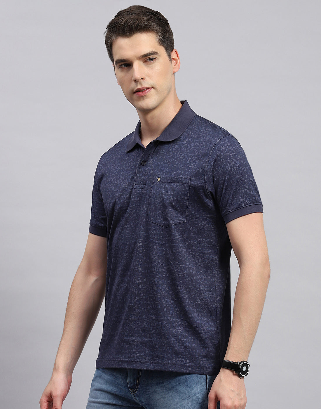 Men Navy Blue Printed Polo Collar Half Sleeve T-Shirt