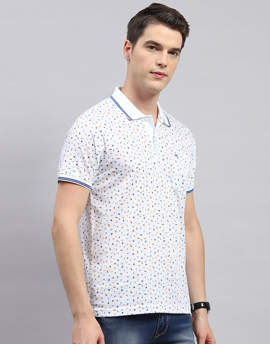 Men White Printed Polo Collar Half Sleeve T-Shirt