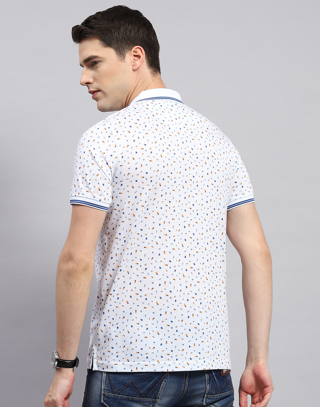 Men White Printed Polo Collar Half Sleeve T-Shirt