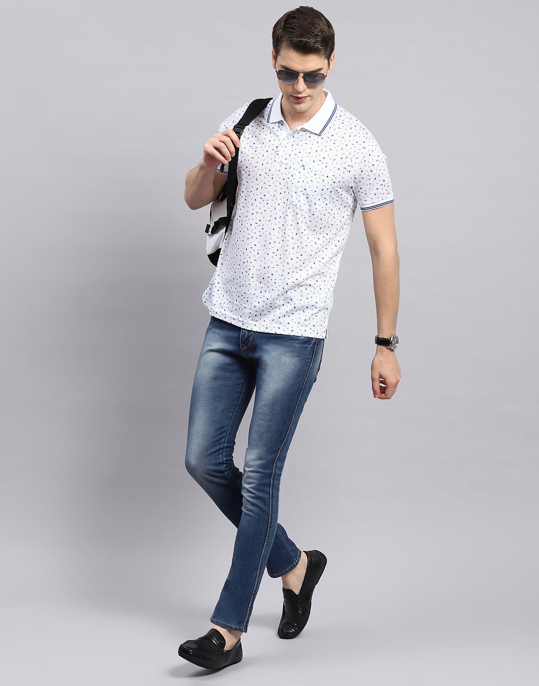 Men White Printed Polo Collar Half Sleeve T-Shirt