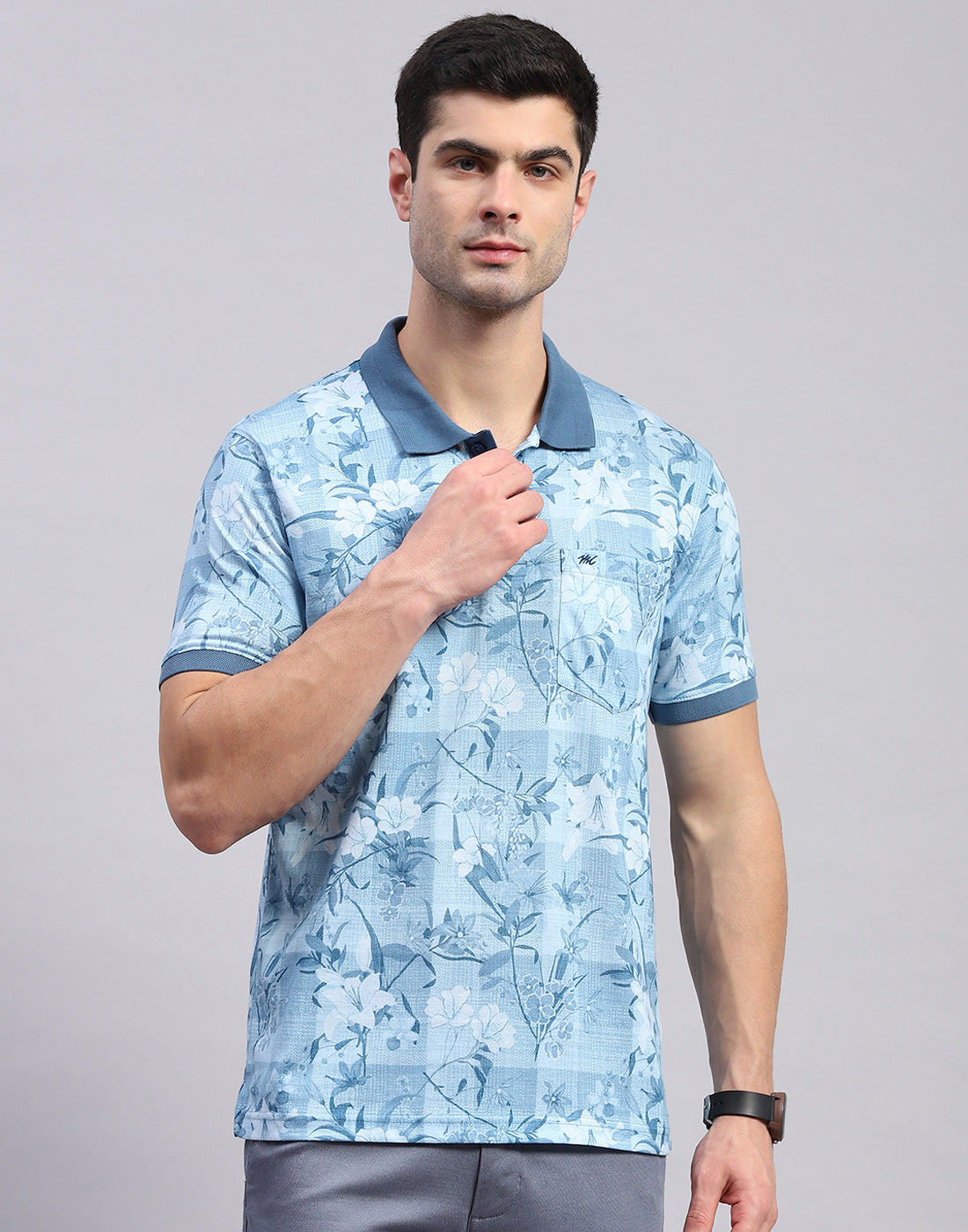 Men Blue Printed Polo Collar Half Sleeve T-Shirt