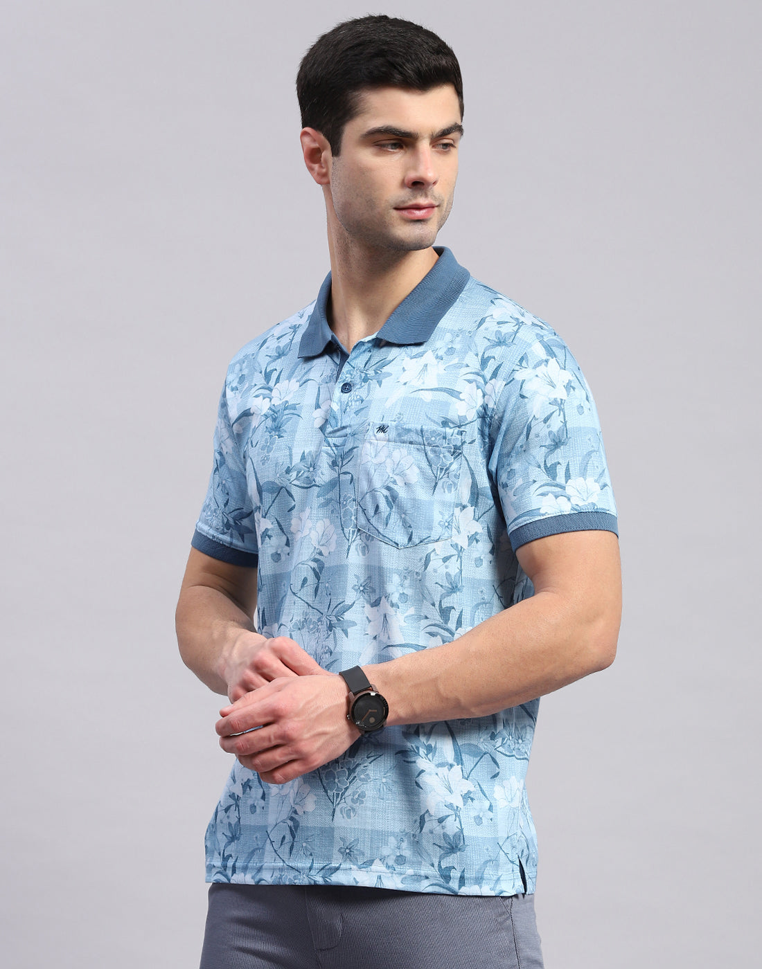 Men Blue Printed Polo Collar Half Sleeve T-Shirt