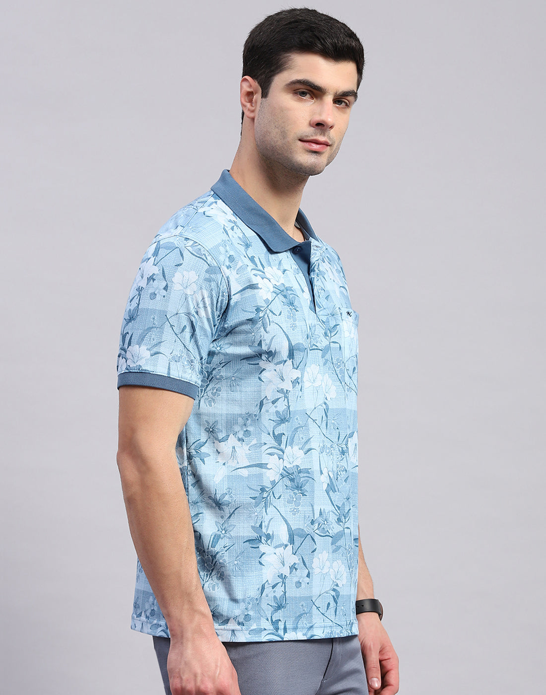 Men Blue Printed Polo Collar Half Sleeve T-Shirt