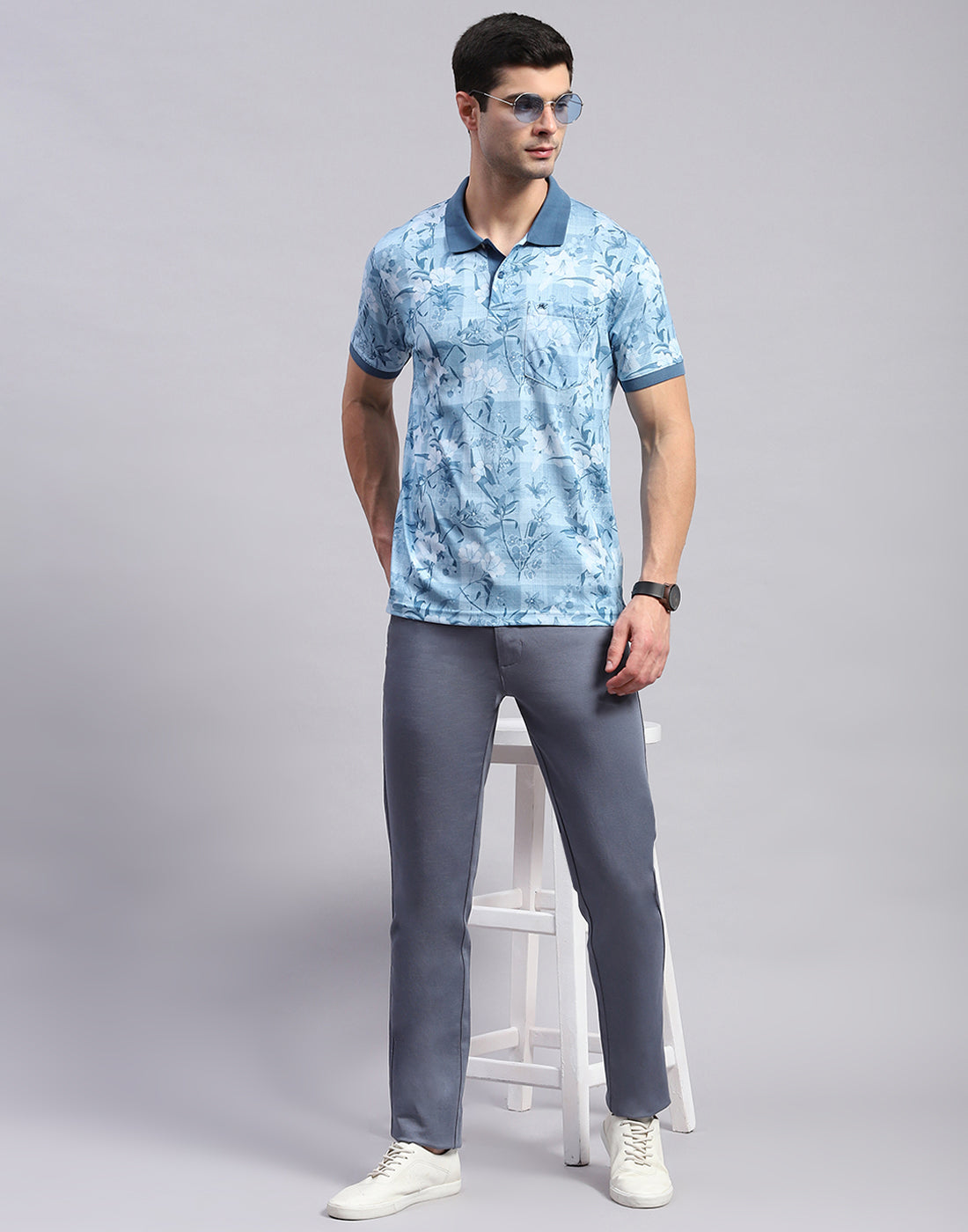 Men Blue Printed Polo Collar Half Sleeve T-Shirt