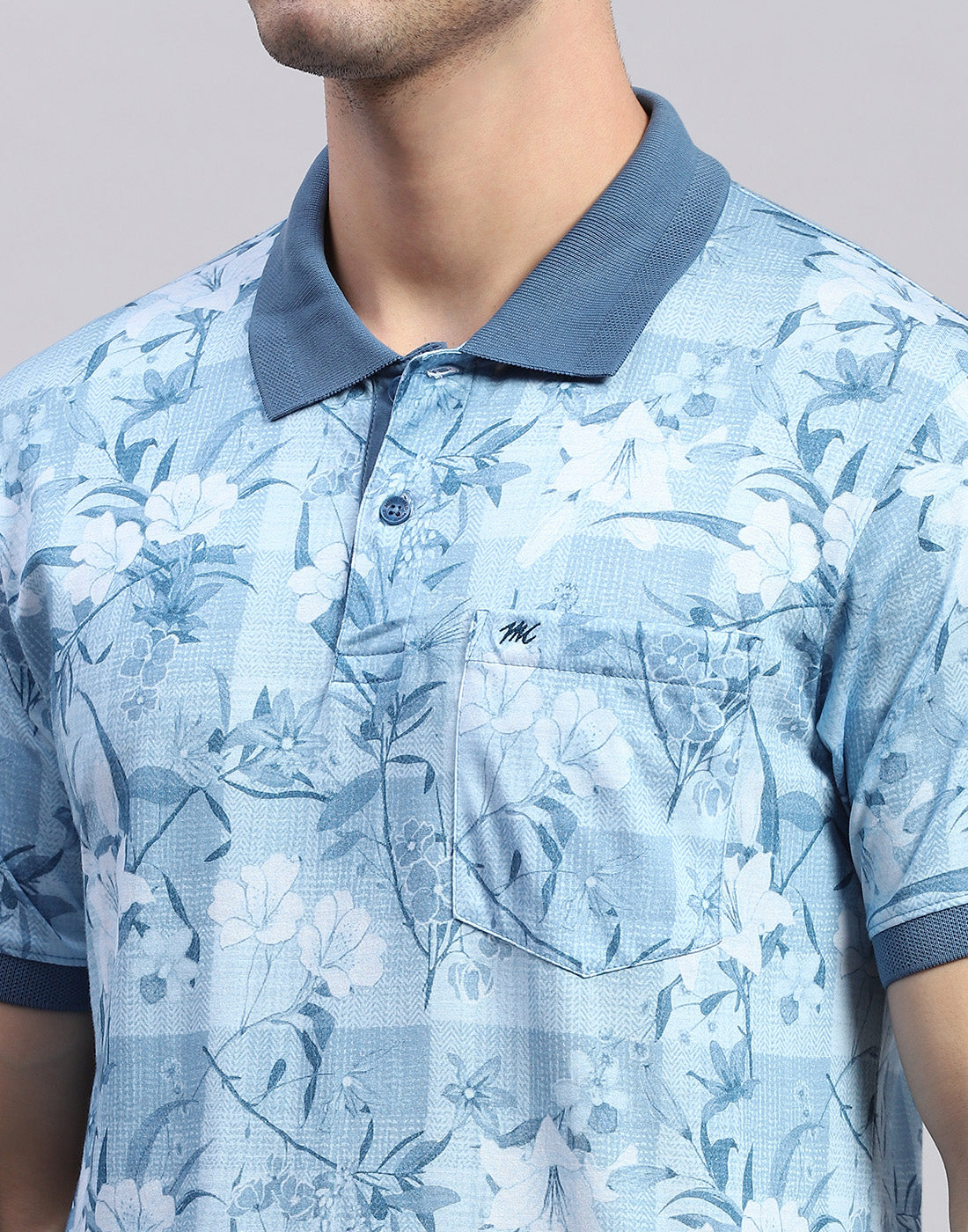Men Blue Printed Polo Collar Half Sleeve T-Shirt