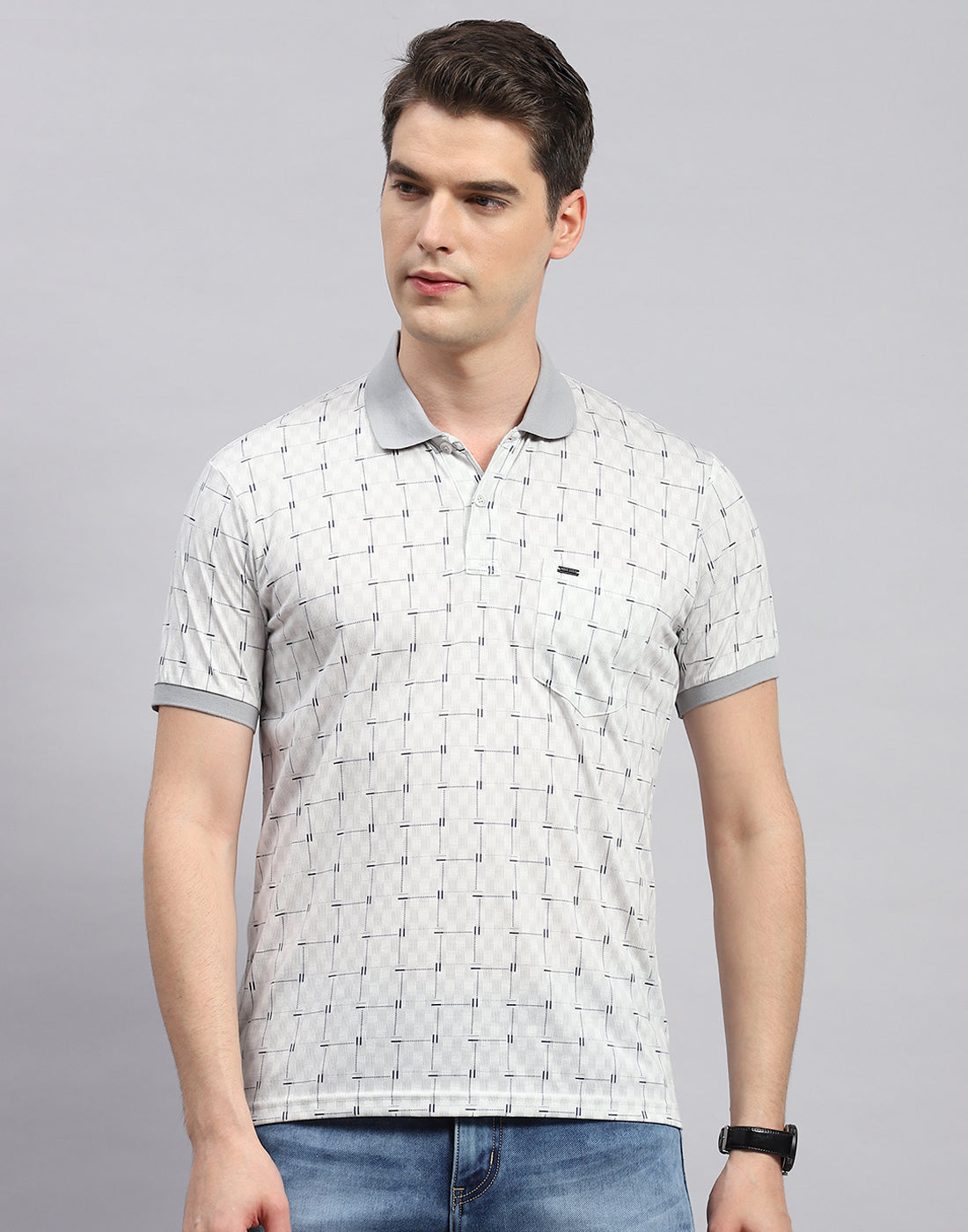 Men Grey Printed Polo Collar Half Sleeve T-Shirt