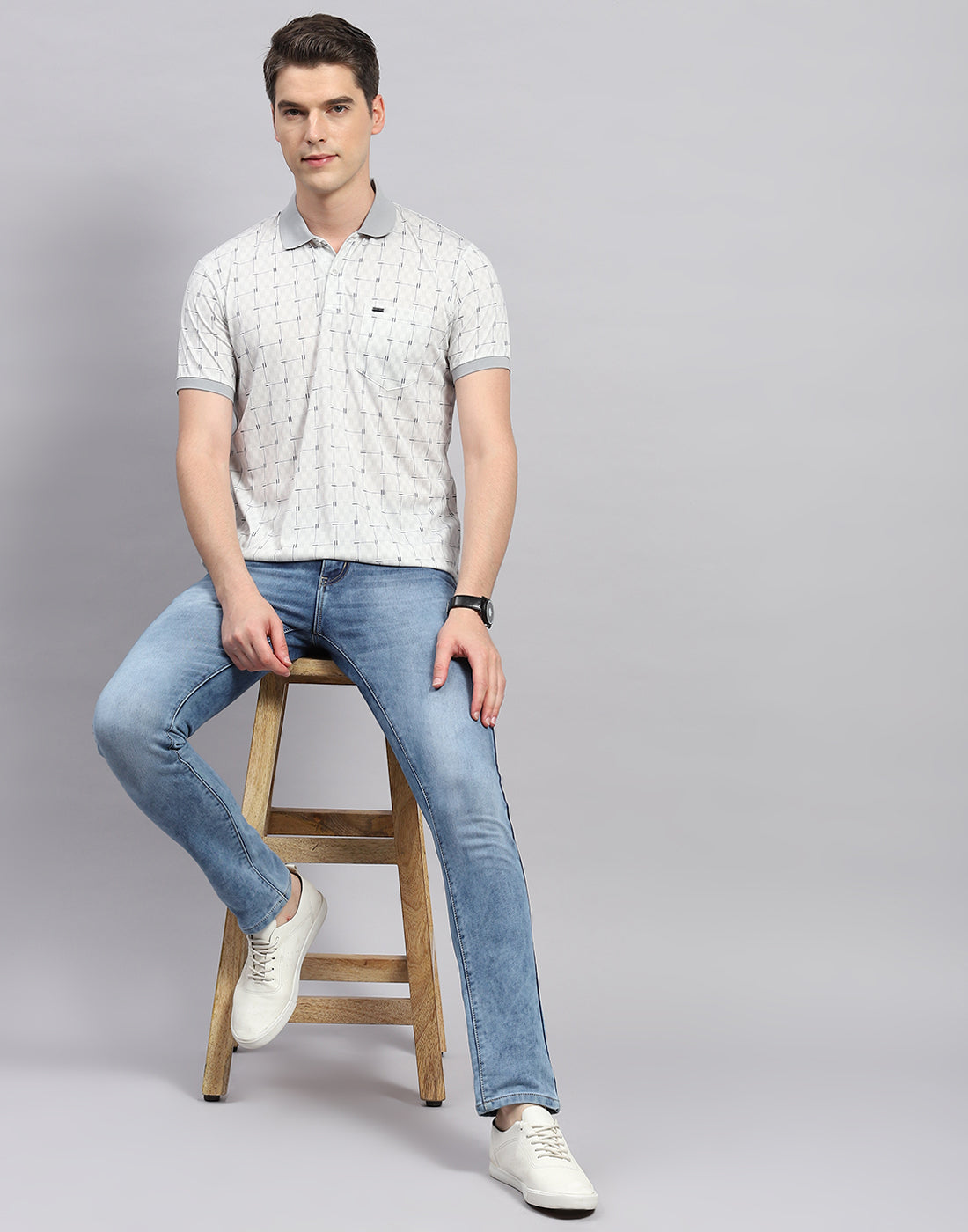 Men Grey Printed Polo Collar Half Sleeve T-Shirt