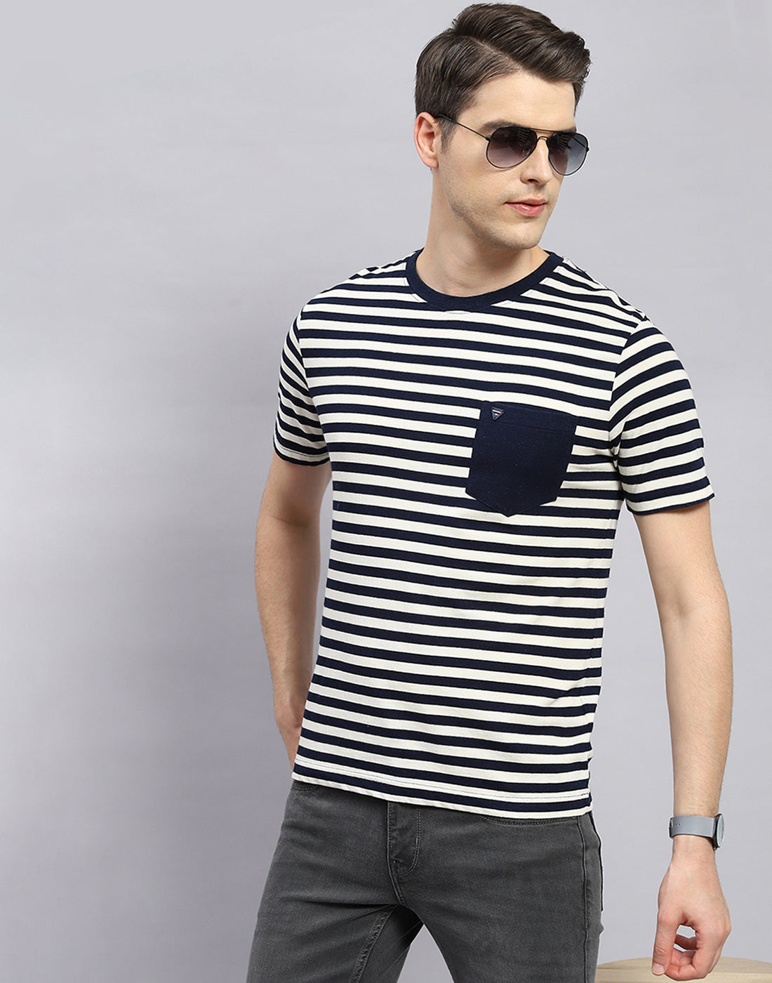 Men Navy Blue Stripe Round Neck Half Sleeve T-Shirt