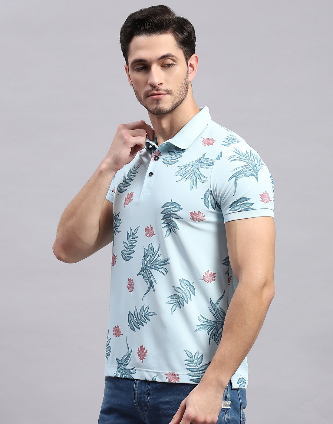 Men Sky Blue Printed Polo Collar Half Sleeve T-Shirt