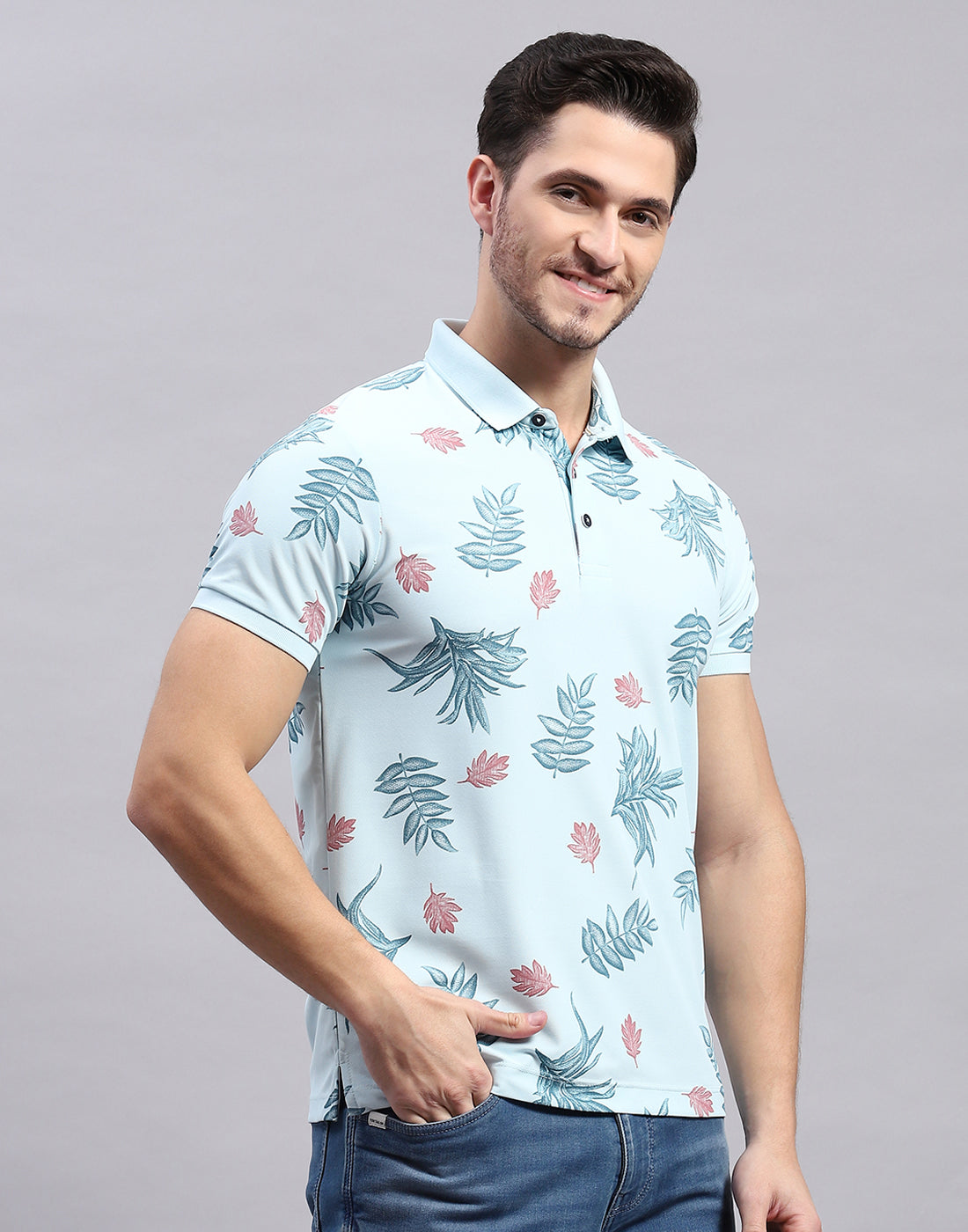 Men Sky Blue Printed Polo Collar Half Sleeve T-Shirt