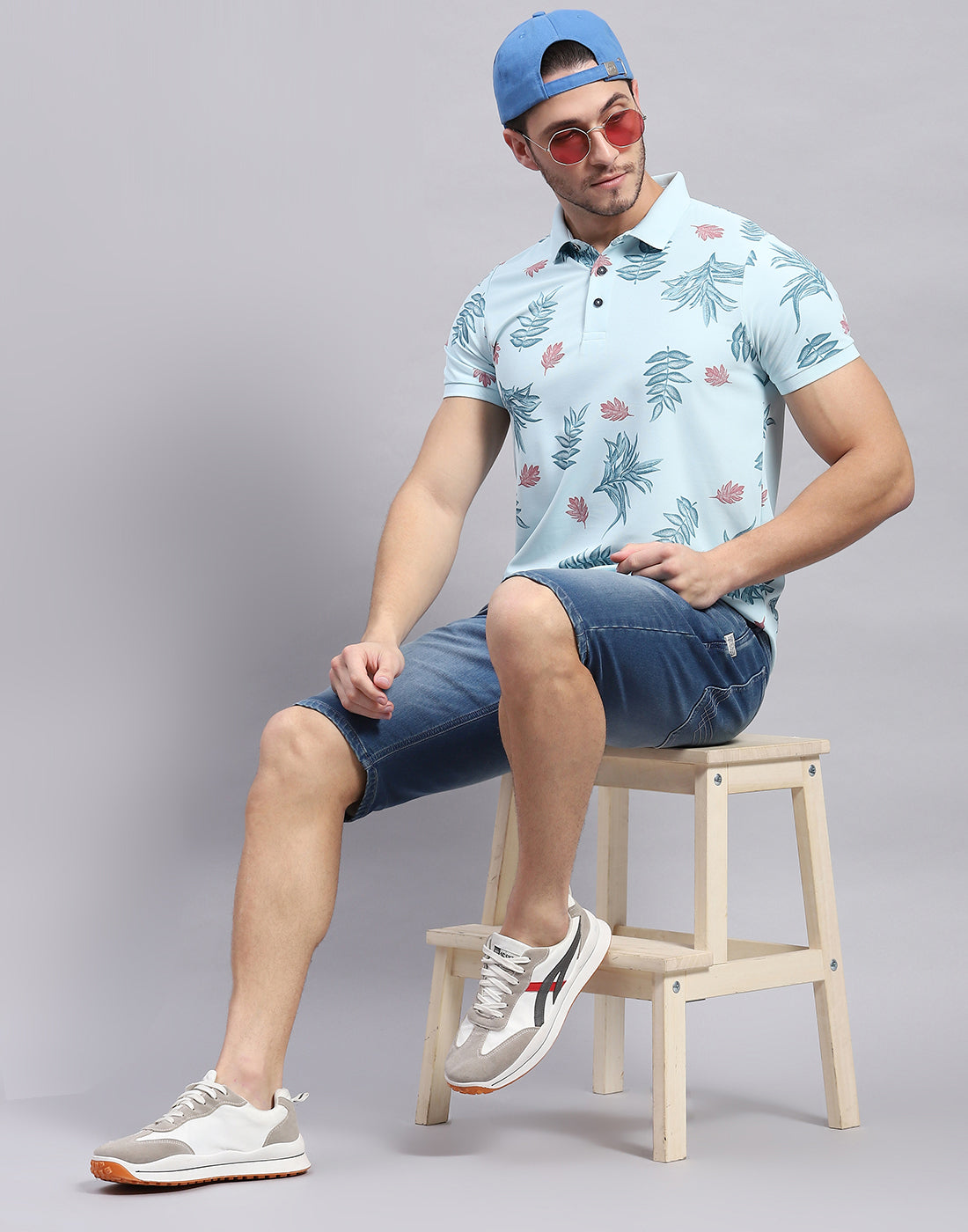Men Sky Blue Printed Polo Collar Half Sleeve T-Shirt