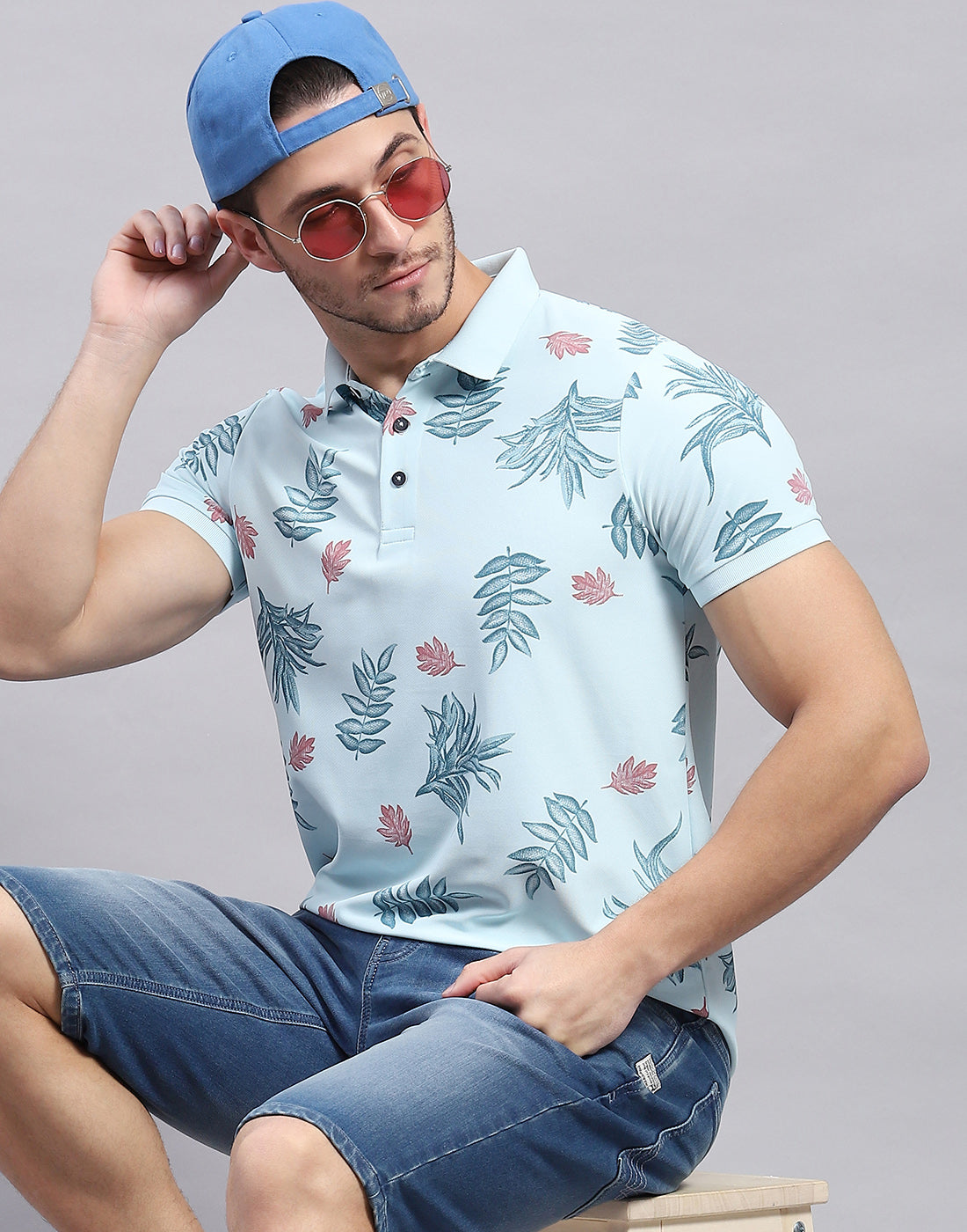 Men Sky Blue Printed Polo Collar Half Sleeve T-Shirt