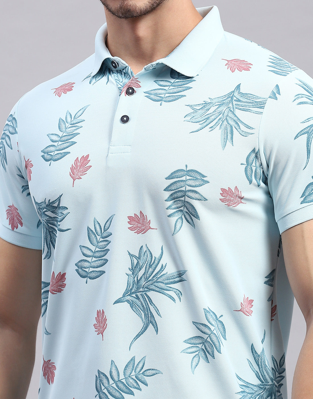 Men Sky Blue Printed Polo Collar Half Sleeve T-Shirt