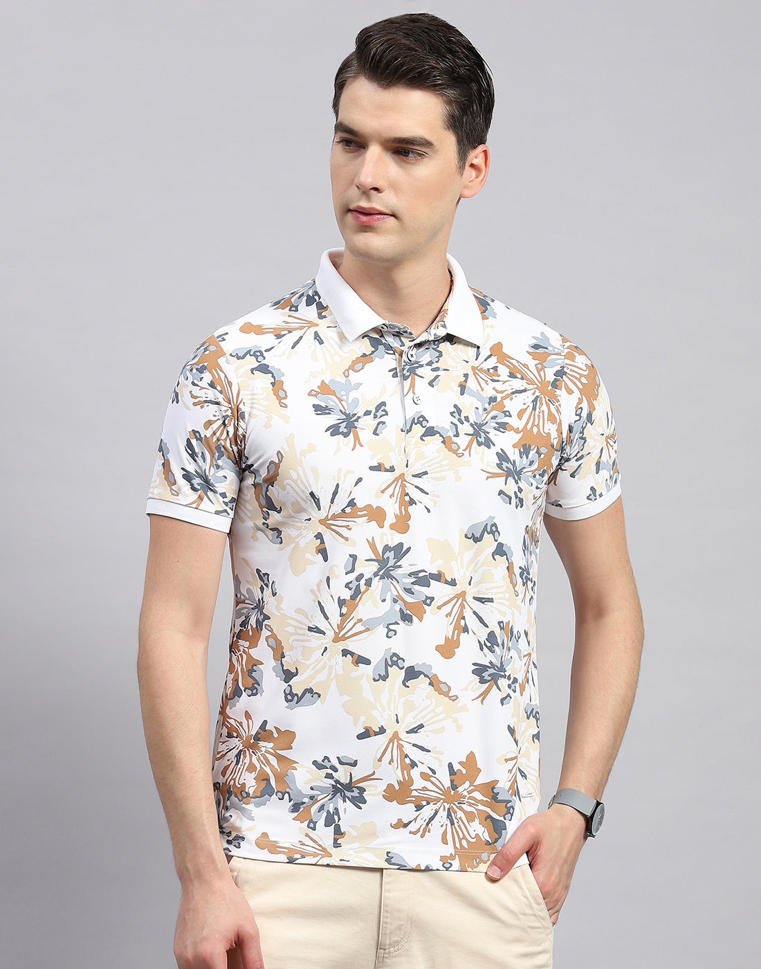 Men White Floral Print Polo Collar Half Sleeve T-Shirt