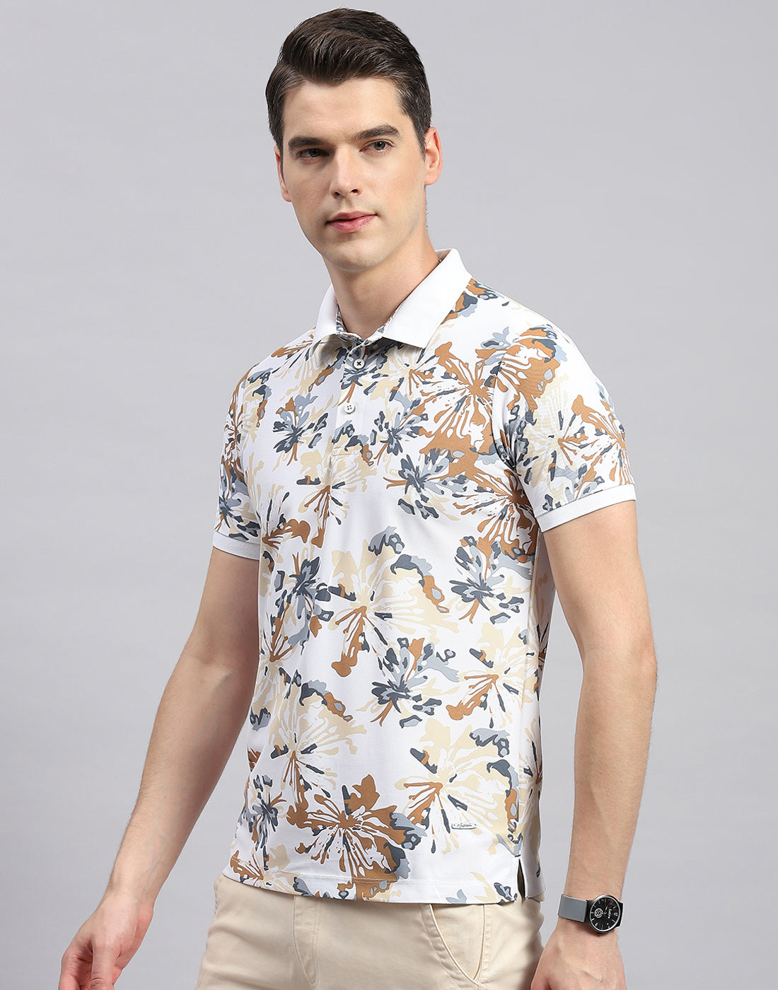 Men White Floral Print Polo Collar Half Sleeve T-Shirt