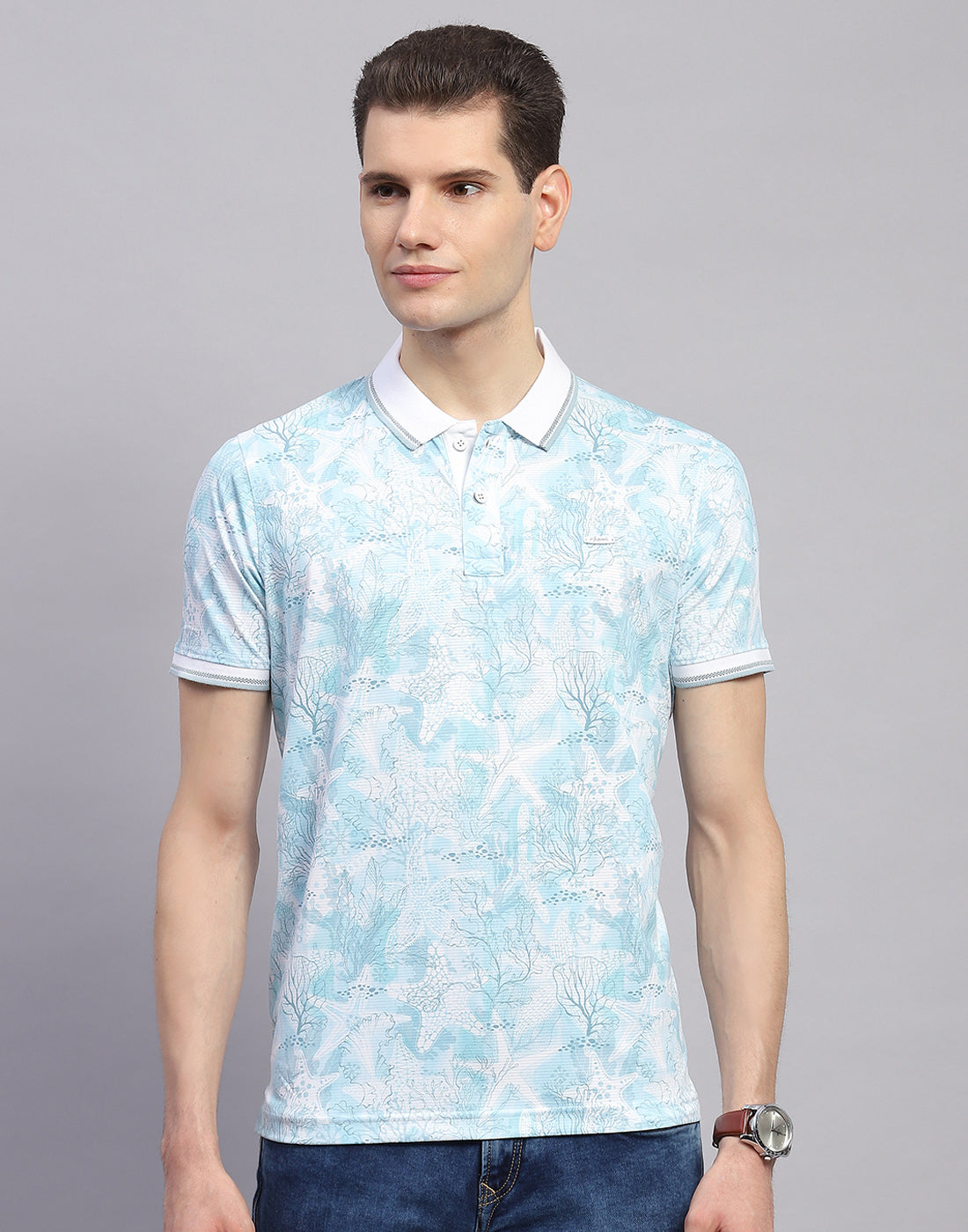 Men Sky Blue Printed Polo Collar Half Sleeve T-Shirt
