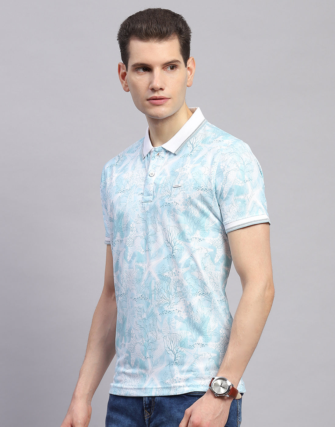 Men Sky Blue Printed Polo Collar Half Sleeve T-Shirt
