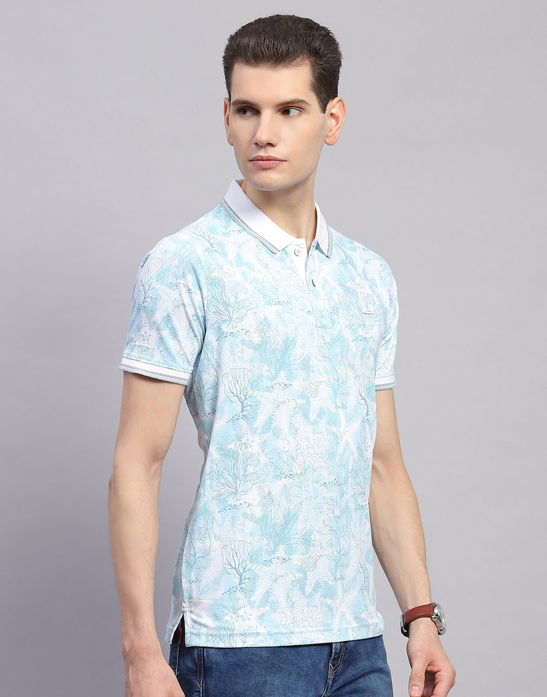 Men Sky Blue Printed Polo Collar Half Sleeve T-Shirt
