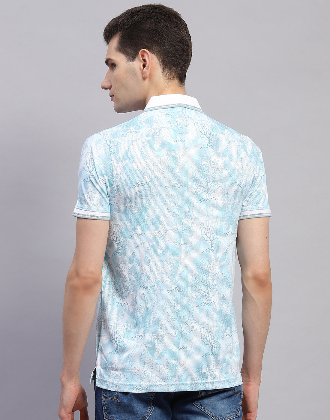 Men Sky Blue Printed Polo Collar Half Sleeve T-Shirt