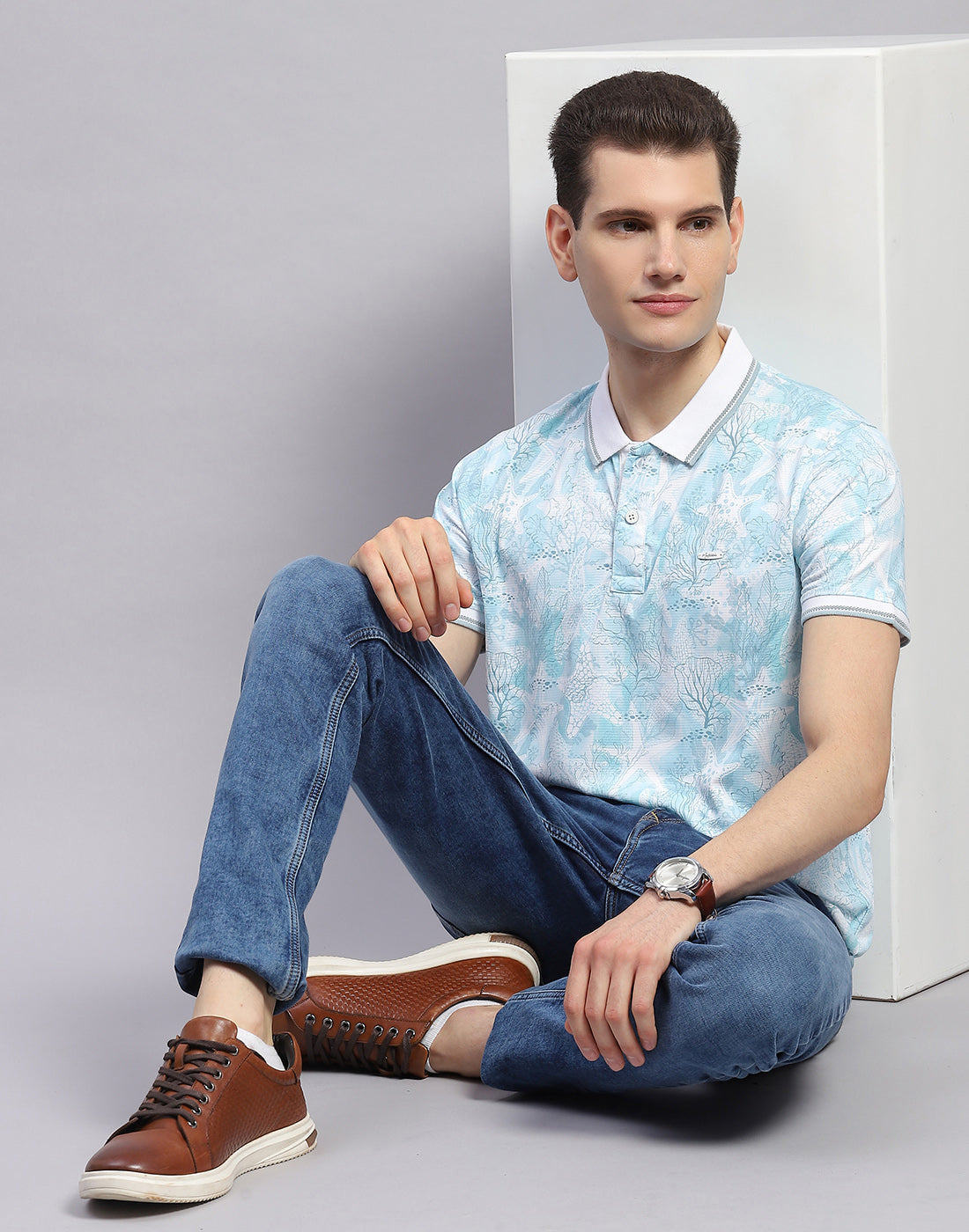 Men Sky Blue Printed Polo Collar Half Sleeve T-Shirt
