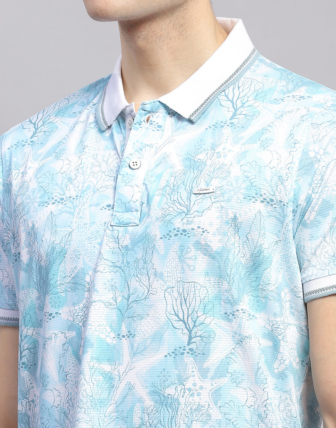 Men Sky Blue Printed Polo Collar Half Sleeve T-Shirt