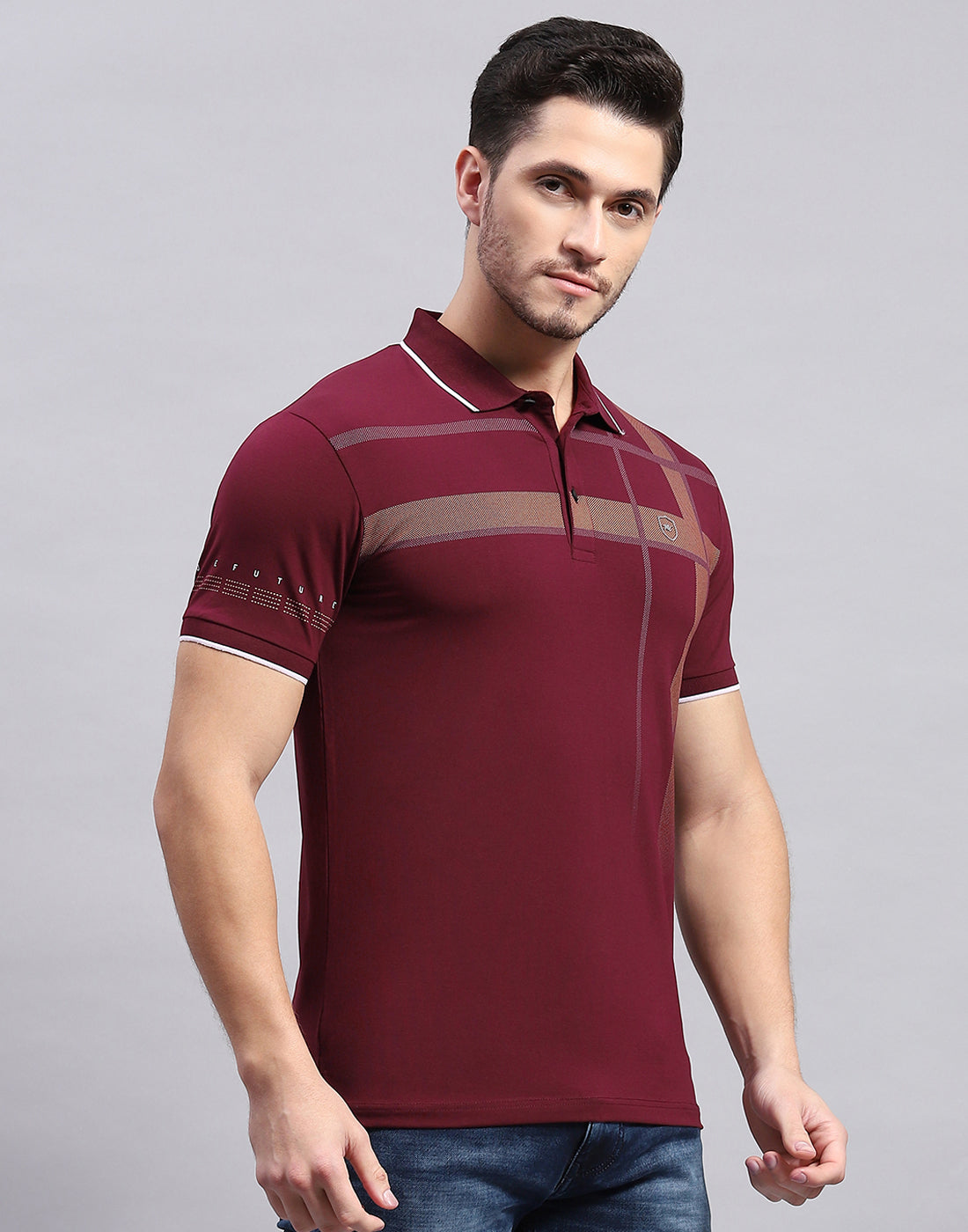 Men Maroon Printed Polo Collar Half Sleeve T-Shirt