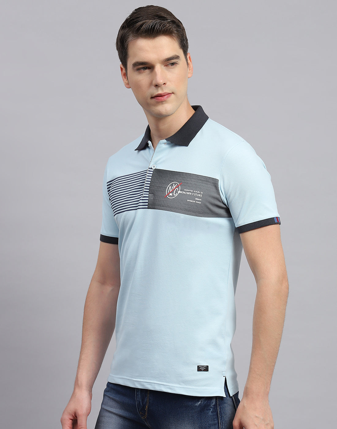 Men Sky Blue Printed Polo Collar Half Sleeve T-Shirt