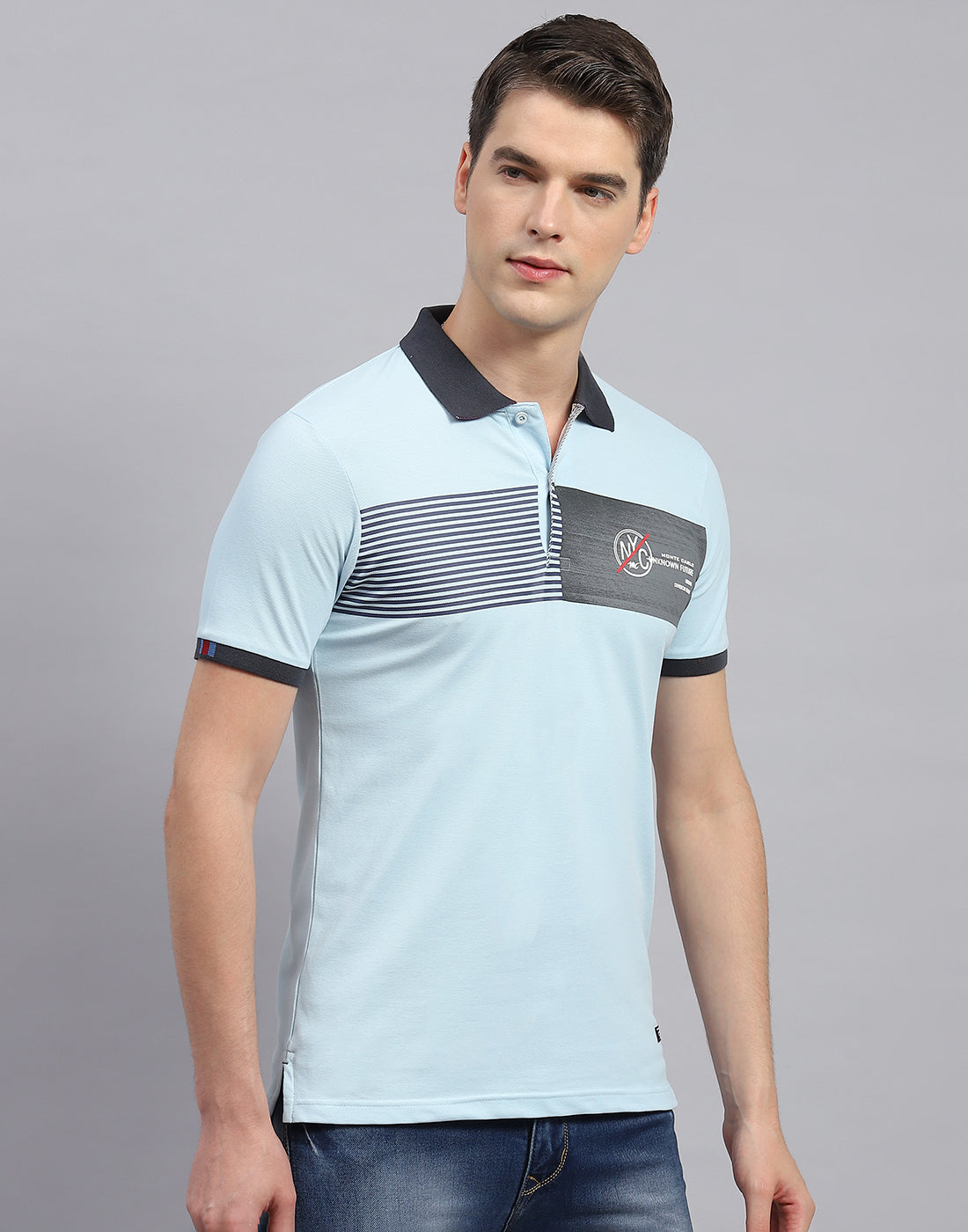 Men Sky Blue Printed Polo Collar Half Sleeve T-Shirt