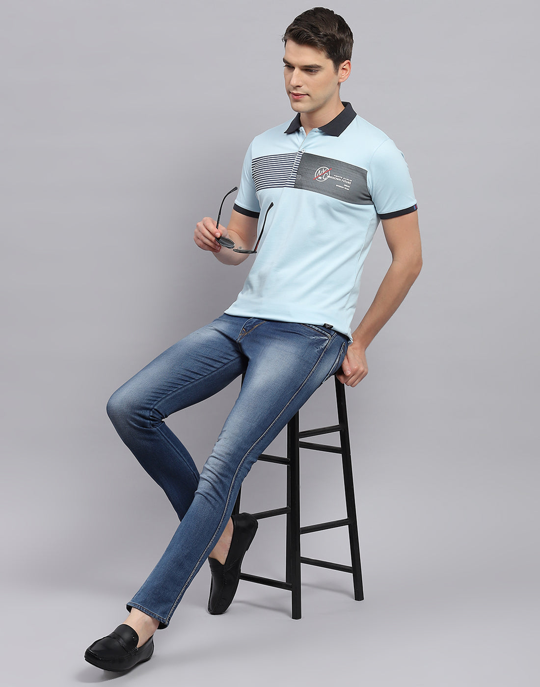 Men Sky Blue Printed Polo Collar Half Sleeve T-Shirt