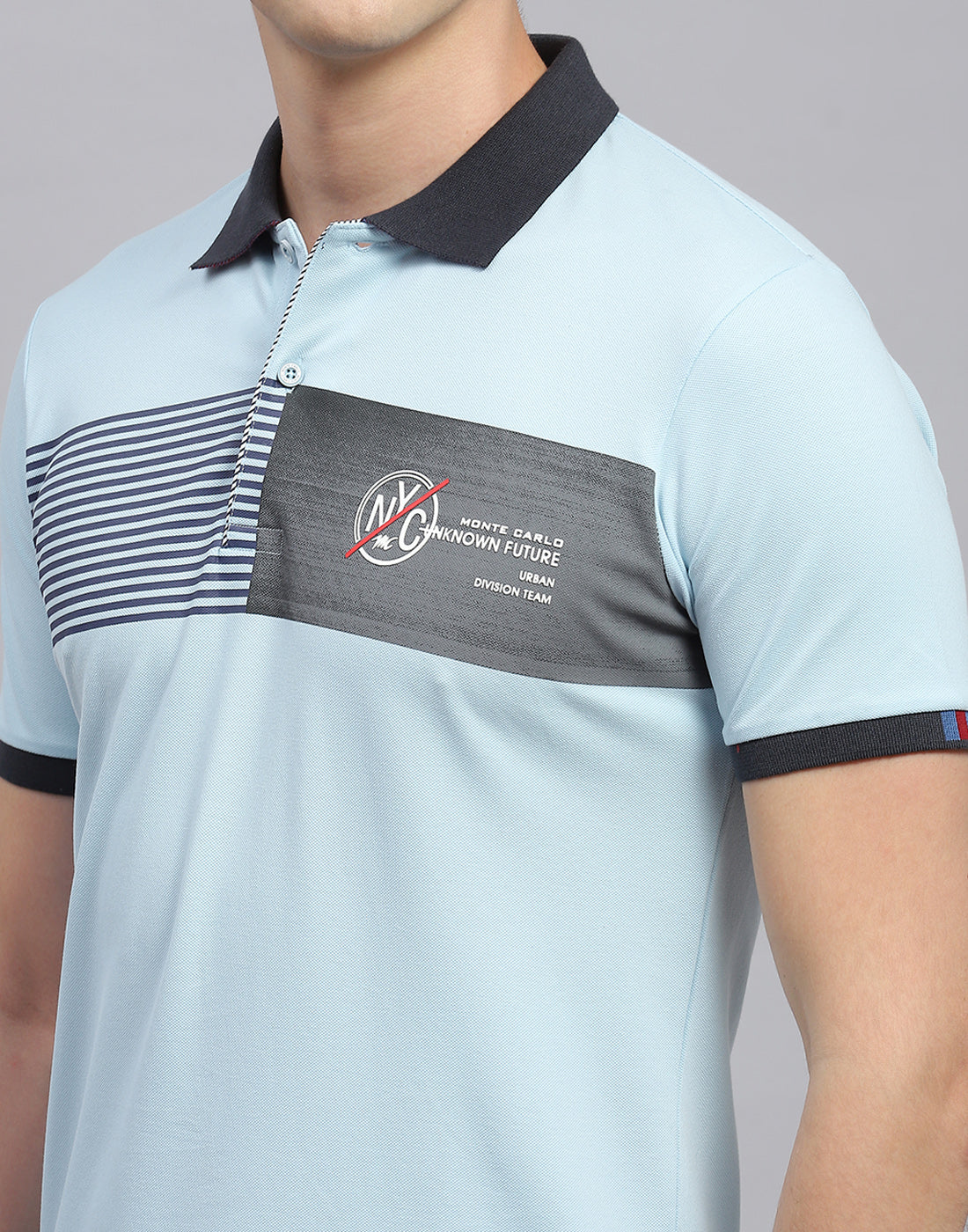 Men Sky Blue Printed Polo Collar Half Sleeve T-Shirt