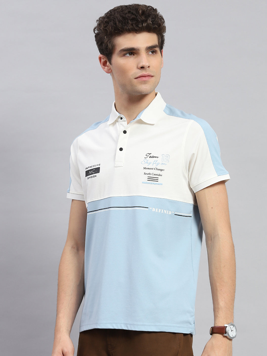 Men Blue Stripe Polo Collar Half Sleeve T-Shirt