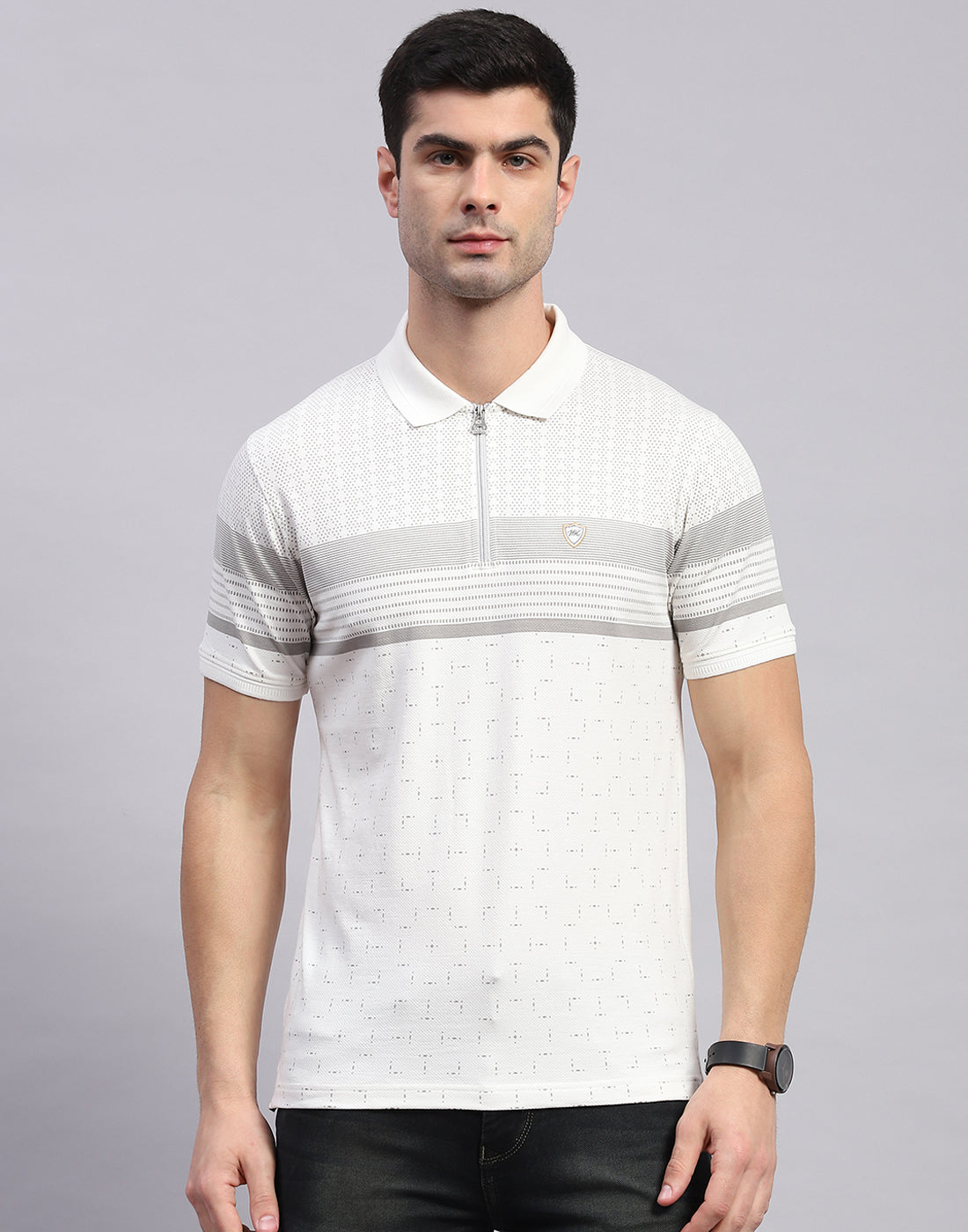 Men White Stripe Polo Collar Half Sleeve T-Shirt
