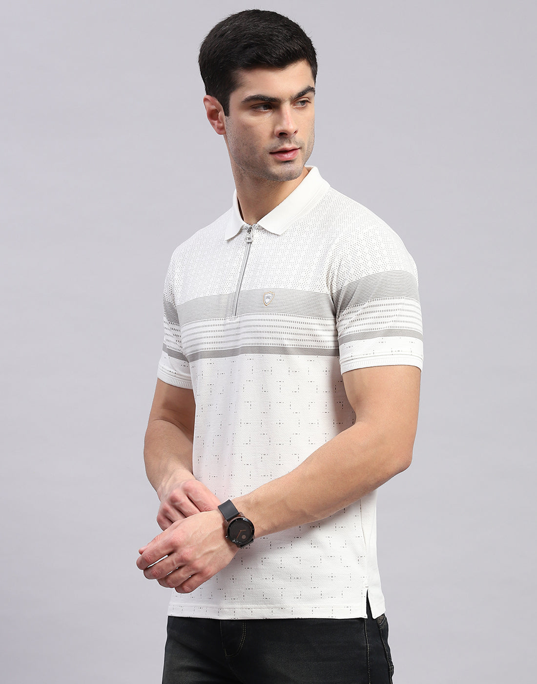 Men White Stripe Polo Collar Half Sleeve T-Shirt