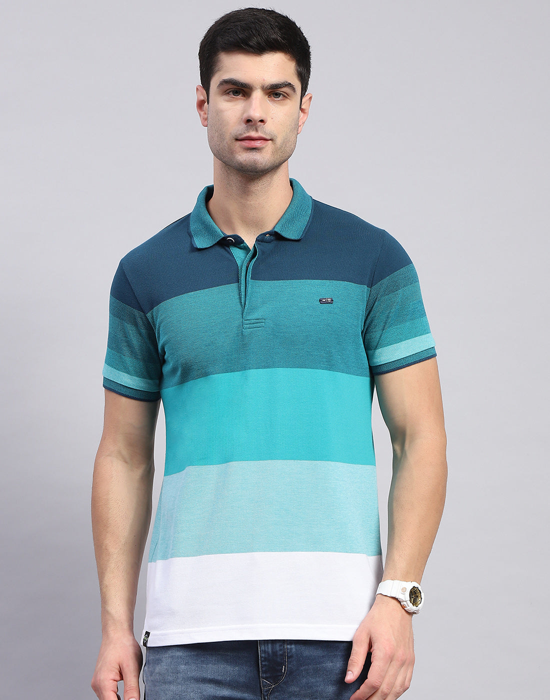 Men Sea Green Stripe Polo Collar Half Sleeve T-Shirt