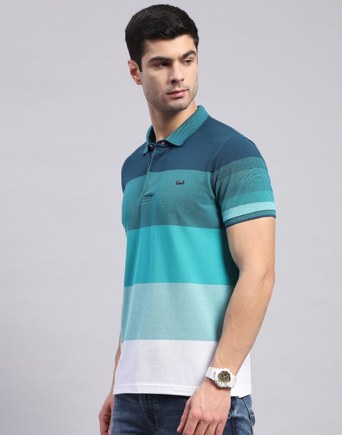 Men Sea Green Stripe Polo Collar Half Sleeve T-Shirt