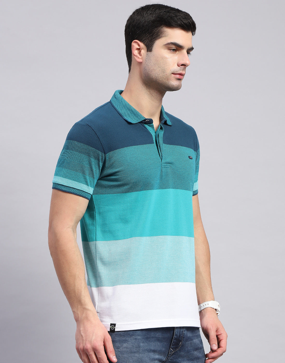 Men Sea Green Stripe Polo Collar Half Sleeve T-Shirt