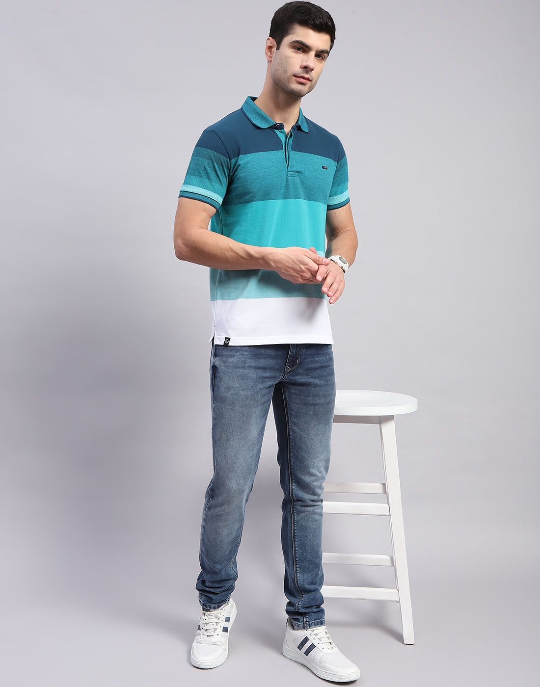 Men Sea Green Stripe Polo Collar Half Sleeve T-Shirt