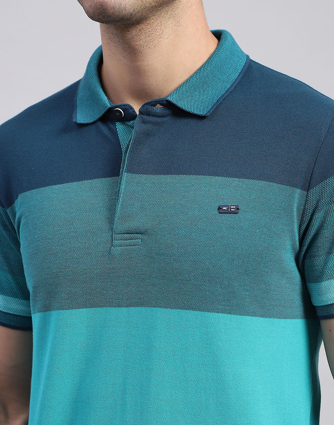 Men Sea Green Stripe Polo Collar Half Sleeve T-Shirt