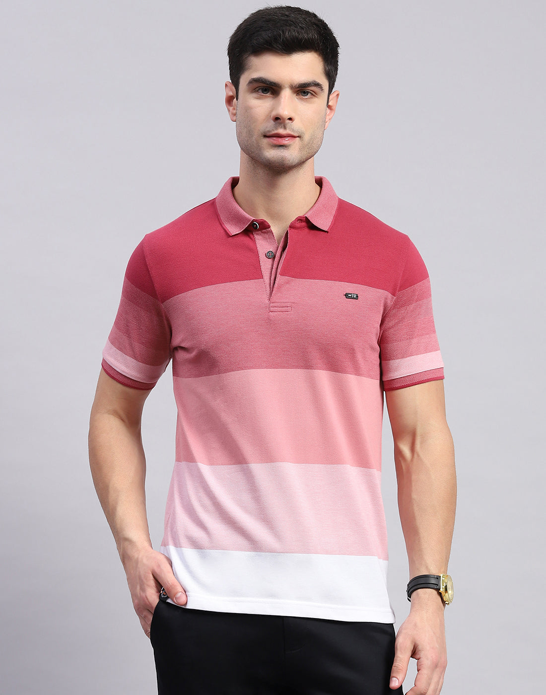 Men Pink Stripe Polo Collar Half Sleeve T-Shirt