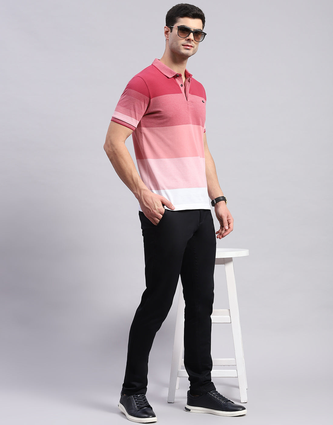 Men Pink Stripe Polo Collar Half Sleeve T-Shirt